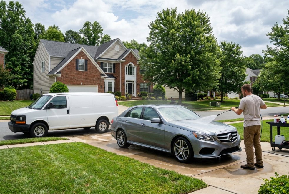 Mobile detailer spraying a silver sedan in a driveway outside a home in Matthews, NC.